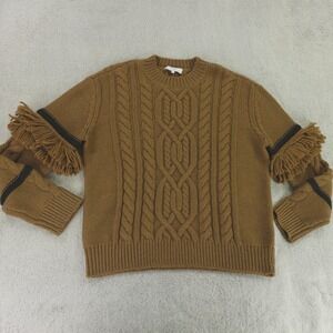 Pearl Lela Rose Sweater Brown Cable‎ Knit Fringe Detail Wool Blend